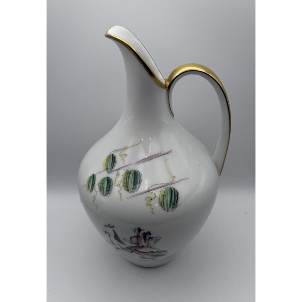 Vintage Hutschenreuther Germany Porcelain Ewer Pitcher Gold Trim MCM 10.5"
